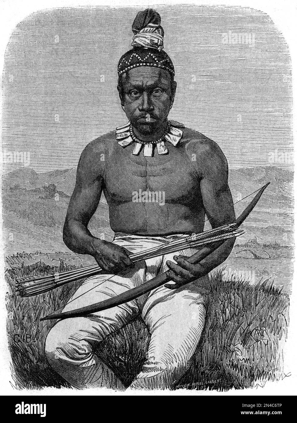 Einheimischer kalifornischer oder indigener amerikanischer Mann mit Pfeil und Bogen. Vintage-Illustration oder Gravur 1862 Stockfoto