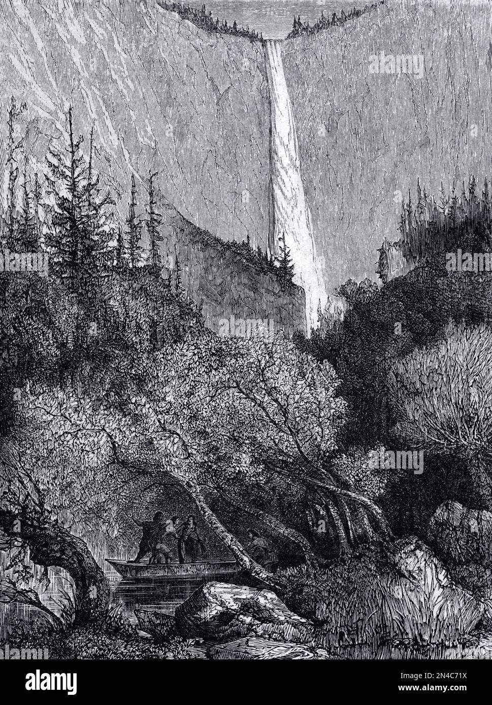 Yosemite Wasserfall oder Falls Yosemite Nationalpark Kalifornien. Vintage-Gravur oder Abbildung 1862 Stockfoto