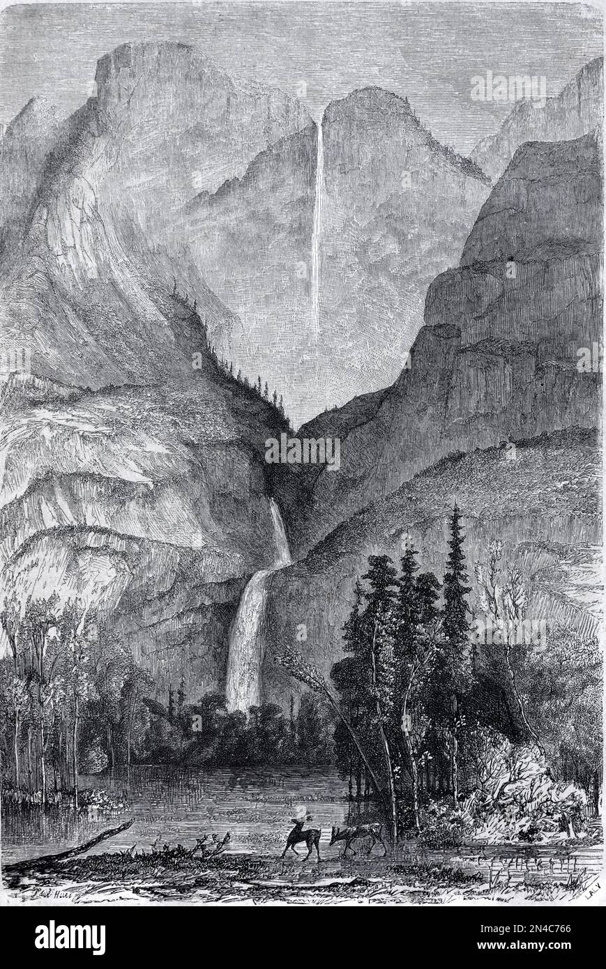 Yosemite-Wasserfall, Wasserfälle oder Wasserfälle Yosemite-Nationalpark Kalifornien. Vintage-Gravur oder Abbildung 1862 Stockfoto