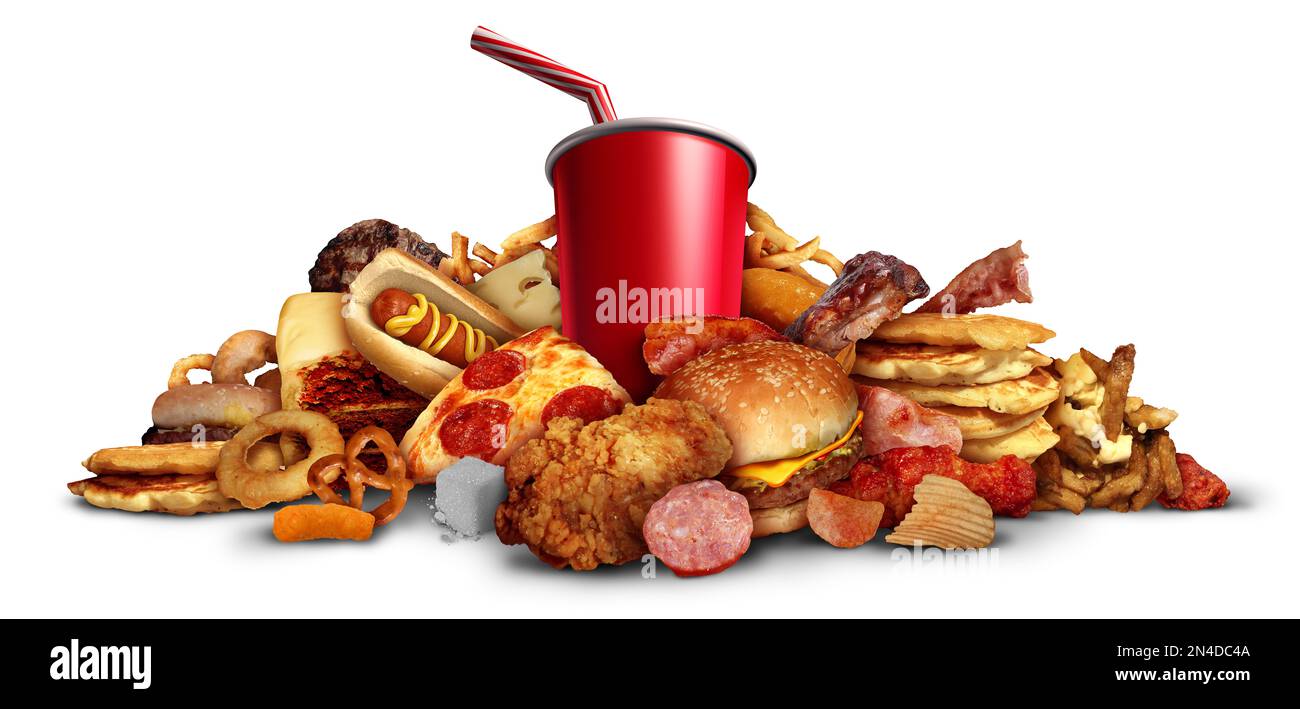 Konsum von Junk Food wie frittierte Lebensmittel Hamburger Softdrinks führen zu Gesundheitsrisiken wie Fettleibigkeit und Diabetes wie frittierte Lebensmittel, die stark ungesund sind Stockfoto