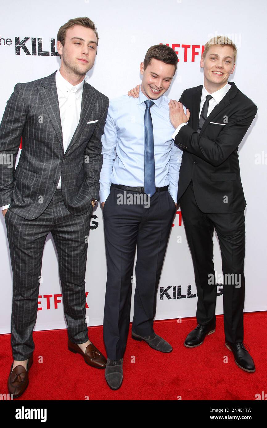 From left, Sterling Beaumon, Tyler Ross and Levi Meaden attend Netflix's "The Killing" Season 4 Premiere at the Arclight Hollywood on Monday, July 14, 2014, in Hollywood, CA.(Photo by Paul A. Hebert/Invision/AP) Stockfoto