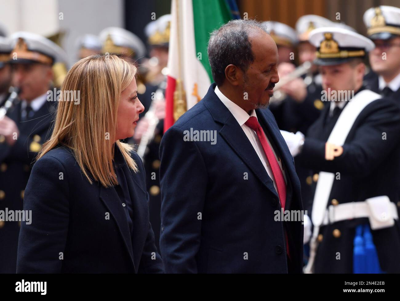 Rom, Italien. 08. Februar 2023. Rom 08/02/2023 Premierminister Giorgia Meloni empfängt den Präsidenten der Bundesrepublik Somalia, Hassan Sheikh Mohamud, im Palazzo Chigi Editorial Use Only Credit: Independent Photo Agency/Alamy Live News Stockfoto