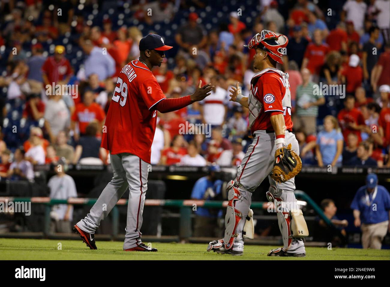 Washington Nationals' Rafael Soriano, left, celebrates with Wilson Ramos after a baseball game against the Philadelphia Phillies, Saturday, July 12, 2014, in Philadelphia. (AP Photo/Matt Slocum) Stockfoto