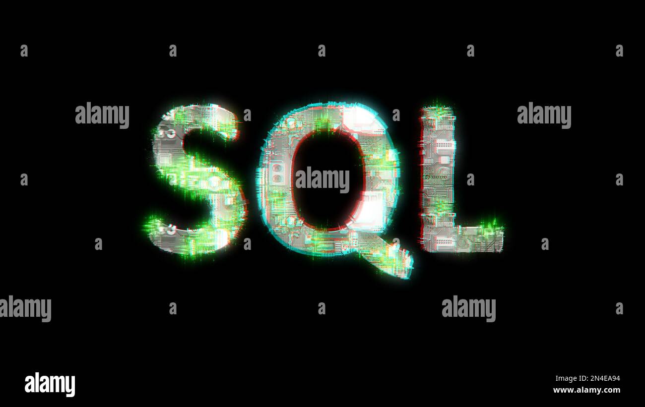 Leuchtender kybernetischer Text SQL auf Schwarz - Meta-Universum Konzept, isoliert - Objekt 3D Illustration Stockfoto