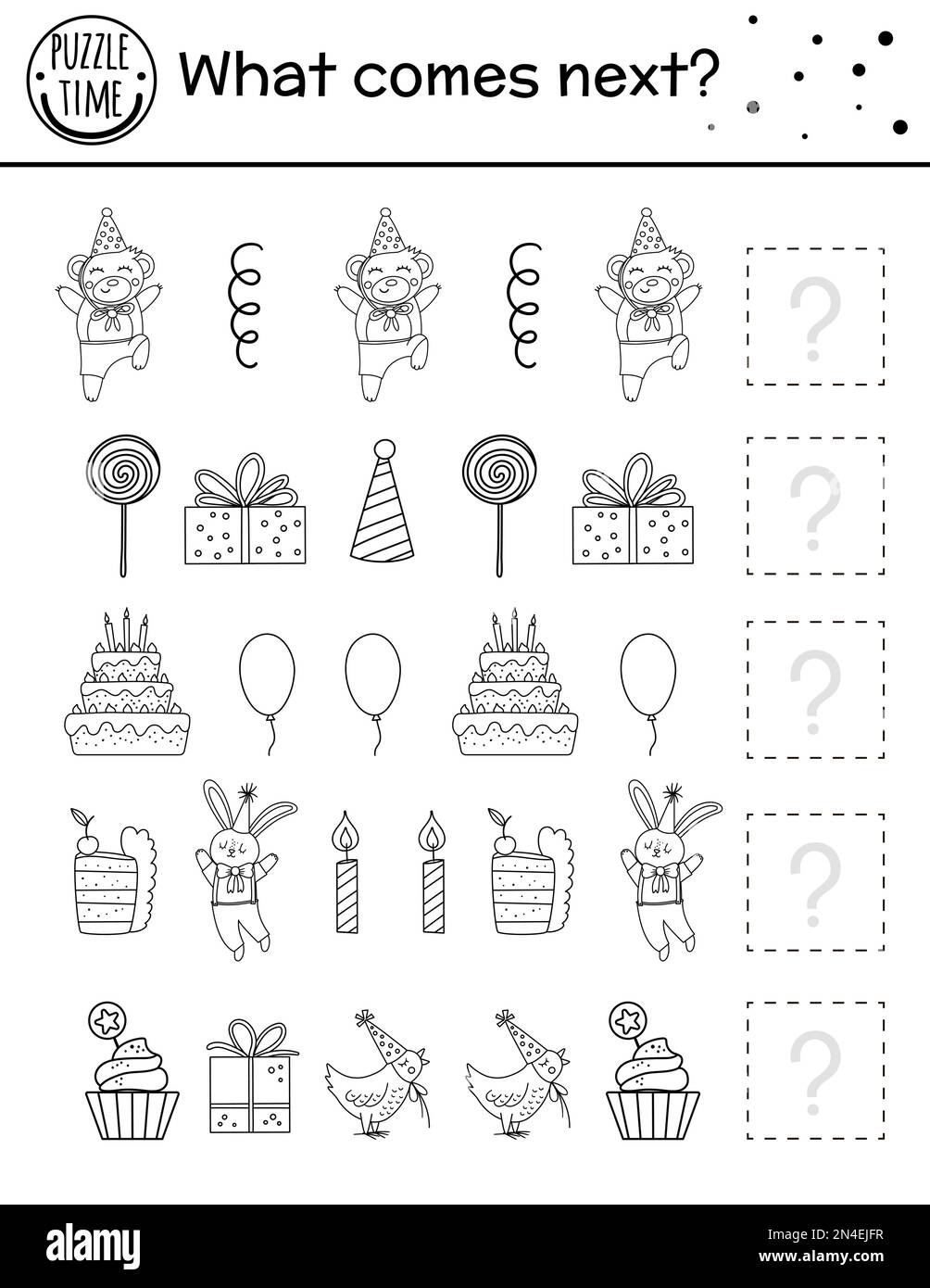 Was kommt als Nächstes? Geburtstagsfeiertag in Schwarz-Weiß passender Aktivität für Vorschulkinder mit traditionellen Feiertagssymbolen. Lustiges, pädagogisches Puzzle. Stock Vektor