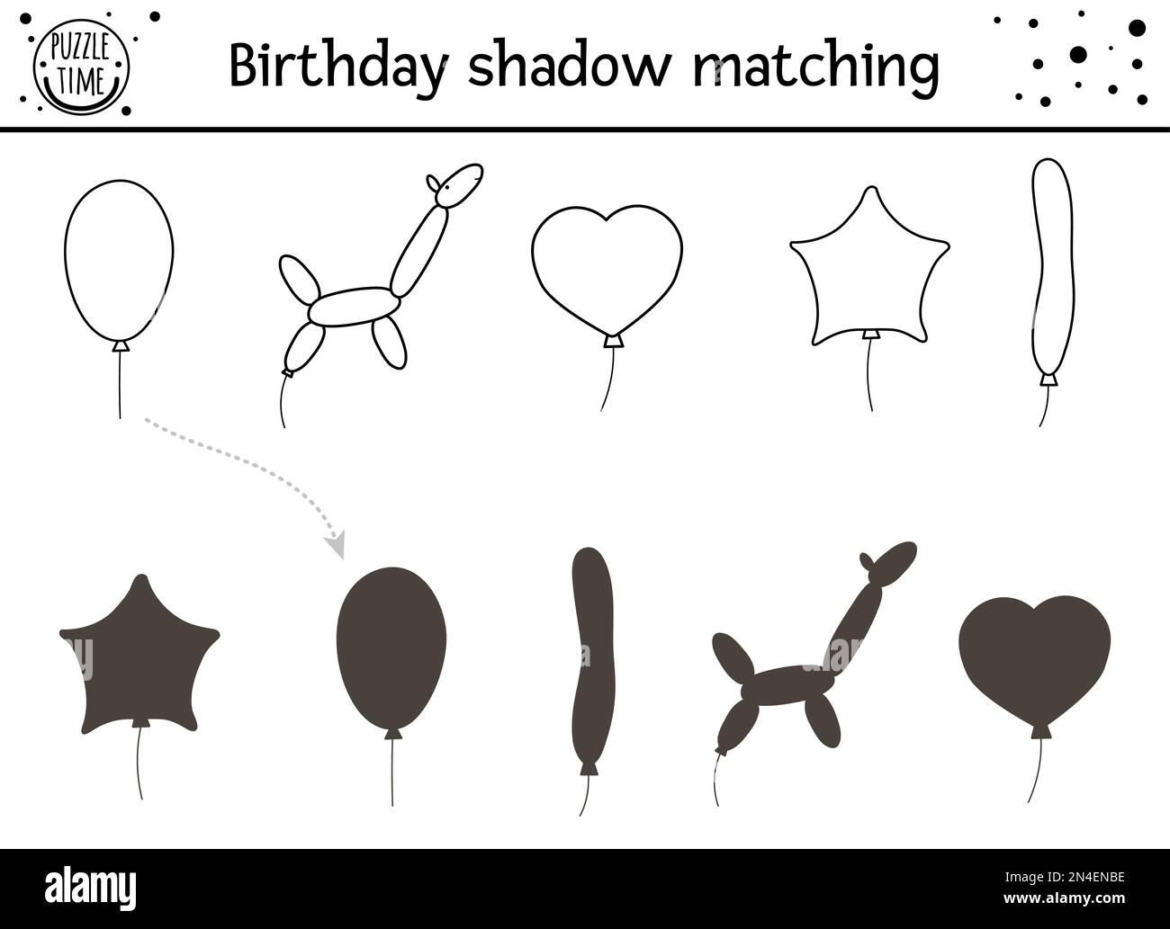 Geburtstag Schwarz-Weiß-Schattenspiel für Kinder. Lustiges Puzzle mit niedlichen Ballons in verschiedenen Formen. Feiertagsszene Stock Vektor
