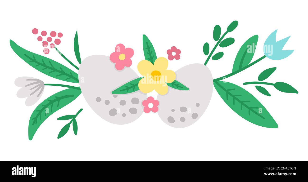 Horizontales Dekorelement Vector Easter. Süße helle Zusammensetzung mit Eiern, Pflanzen und Blättern. Frühlingssymbol. Weihnachtliches Blumendesign mit First Flowe Stock Vektor