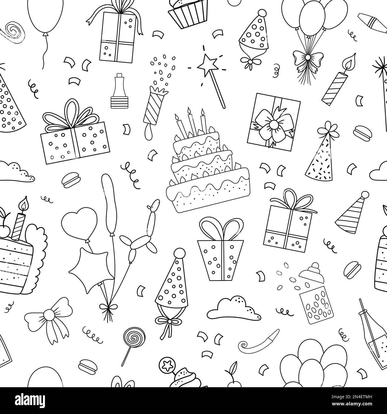 Nahtloses Vector-Muster in Schwarz und Weiß mit süßen „Happy Birthday“-Designelementen. Die Partyfeier wiederholt den Hintergrund. Vector Holiday Digitalpapier Stock Vektor