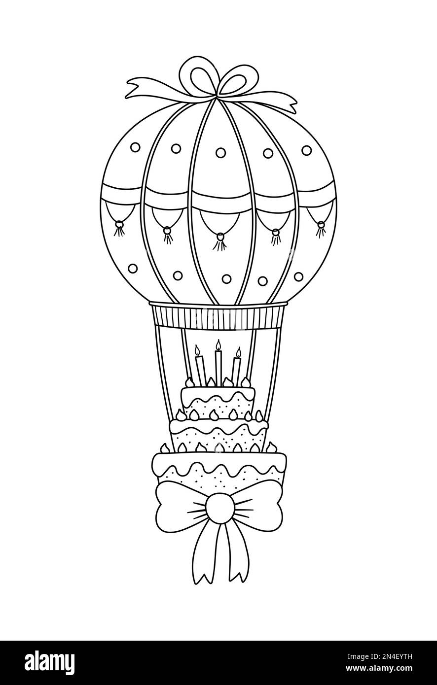 Süßer schwarz-weißer Vektorkuchen mit Kerzen, die auf einem Heißluftballon mit Schleife fliegen. Geburtstagsdessert Clipart für Karte, Poster, Druckdesign. Urlaub krank Stock Vektor