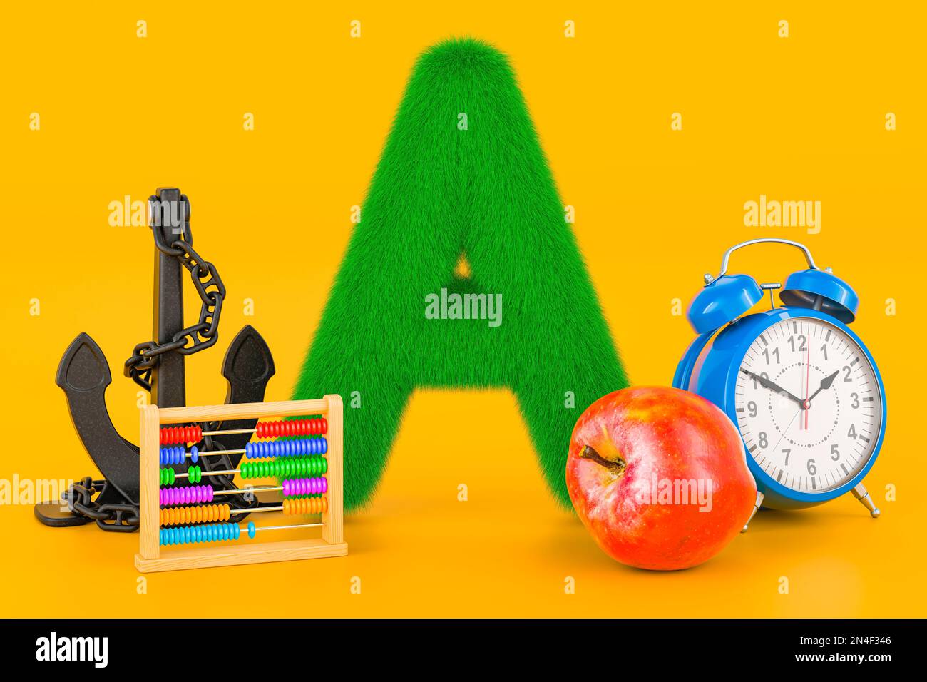 Flauschiger Buchstabe A mit Apfel, Wecker, Abakkus, Akkordeon, Anker. Kinder-ABC, 3D-Rendering auf orangefarbenem Hintergrund Stockfoto