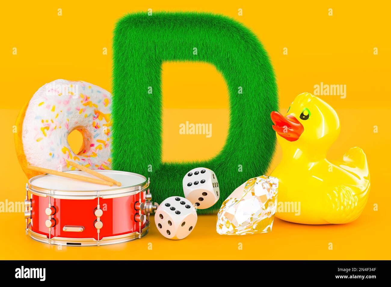 Flauschiger Buchstabe D mit Gummiente, Trommel, Donut, Diamant, Würfel. Kinder-ABC, 3D-Rendering auf orangefarbenem Hintergrund Stockfoto