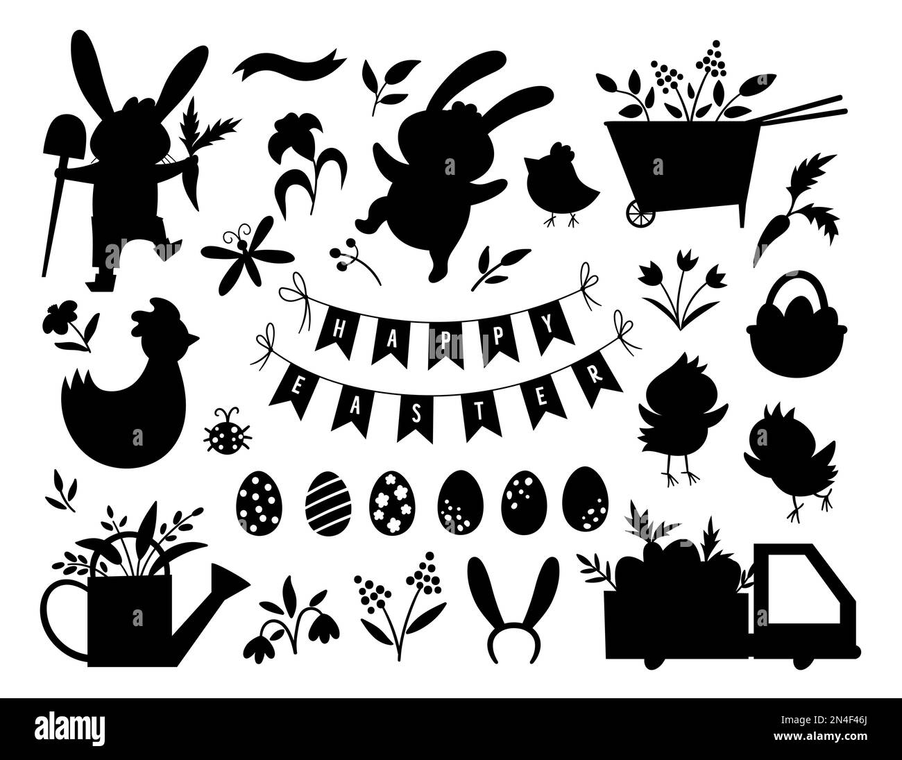 Vector-Silhouetten für Ostern. Vektorpackung mit süßem Häschen, Eiern, Vögeln, Küken, Korb-schwarzen Schatten. Lustige Frühjahrsdarstellung. Ein bezauberndes Urlaubsikon Stock Vektor