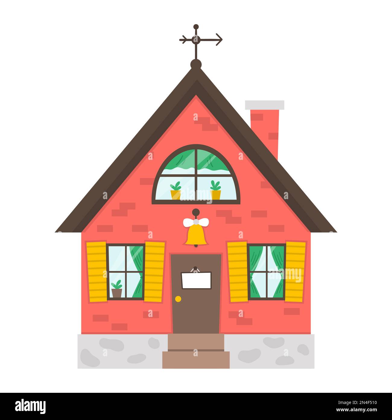 Vektorsymbol des Landhauses isoliert auf weißem Hintergrund. Abbildung eines flachen Landhauses. Süßes rotes Ziegelhaus mit Türklingel, Teller, Fenstern, Vorhängen. R Stock Vektor