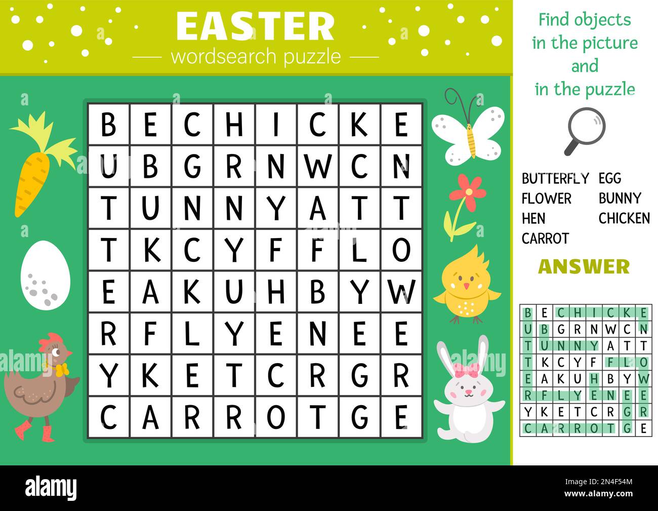 Vector Easter Wortsuche Puzzle für Kinder. Einfaches Frühlings-Kreuzworträtsel mit traditionellen Feiertagssymbolen für Kinder. Informative Stichwortaktivität mit Cut Stock Vektor