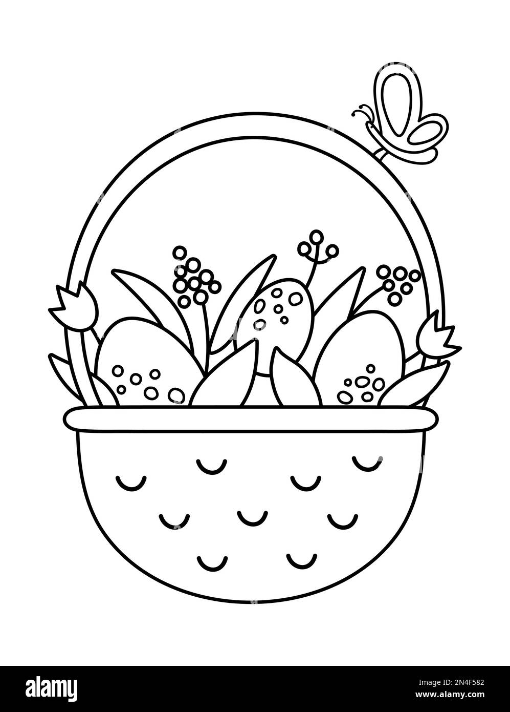 Schwarz-weißer Vektor-Korb mit Eiern, Blumen und Schmetterlingssymbol. Osterumriss traditionelles Symbol und Designelement isoliert auf Weiß. Süßer Spri Stock Vektor
