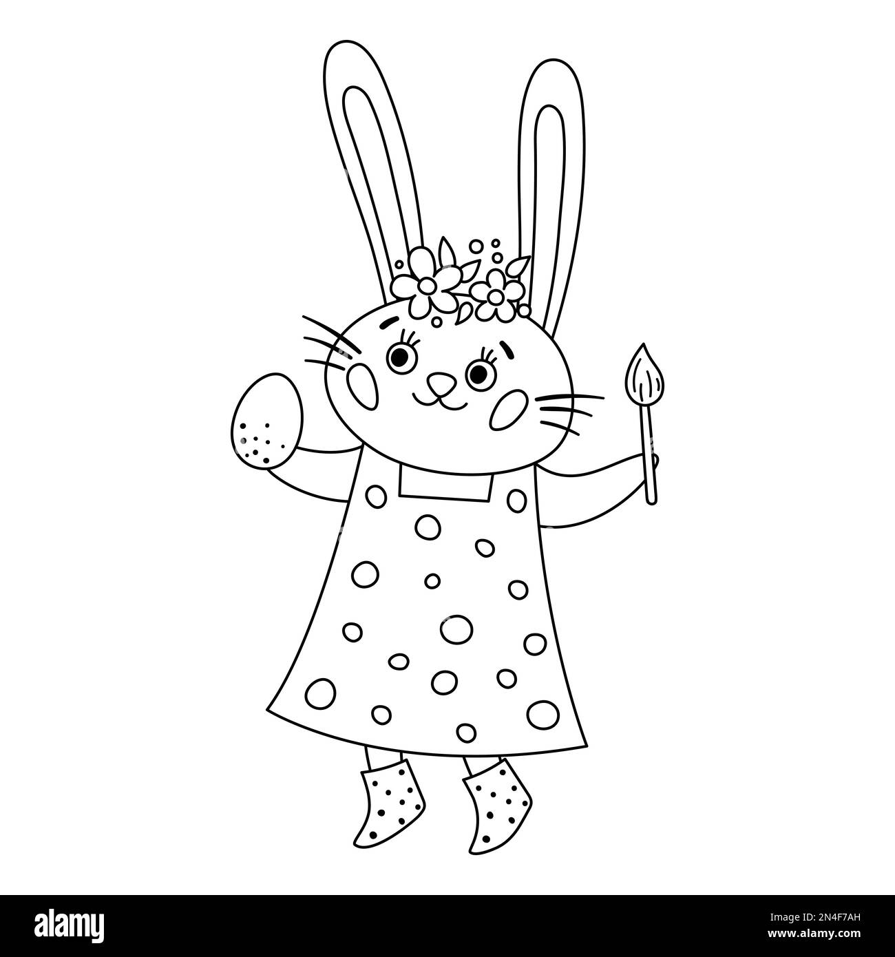 Vector schwarz-weißes Osterhasen-Symbol. Outline-Kaninchenmädchen im Kleid mit Pinsel und Ei. Süße Tierbildgebung für Kinder. Lustige Frühlingshasen-Bilder Stock Vektor
