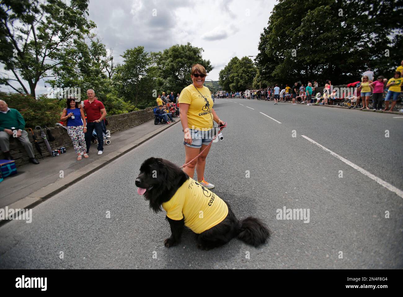 A dog owner who dressed up her dog with the overall leader's yellow jersey poses during the second stage of the Tour de France cycling race over 201 kilometers (124.9 miles) with start in York and finish in Sheffield, England, Sunday, July 6, 2014. (AP Photo/Christophe Ena) Stockfoto