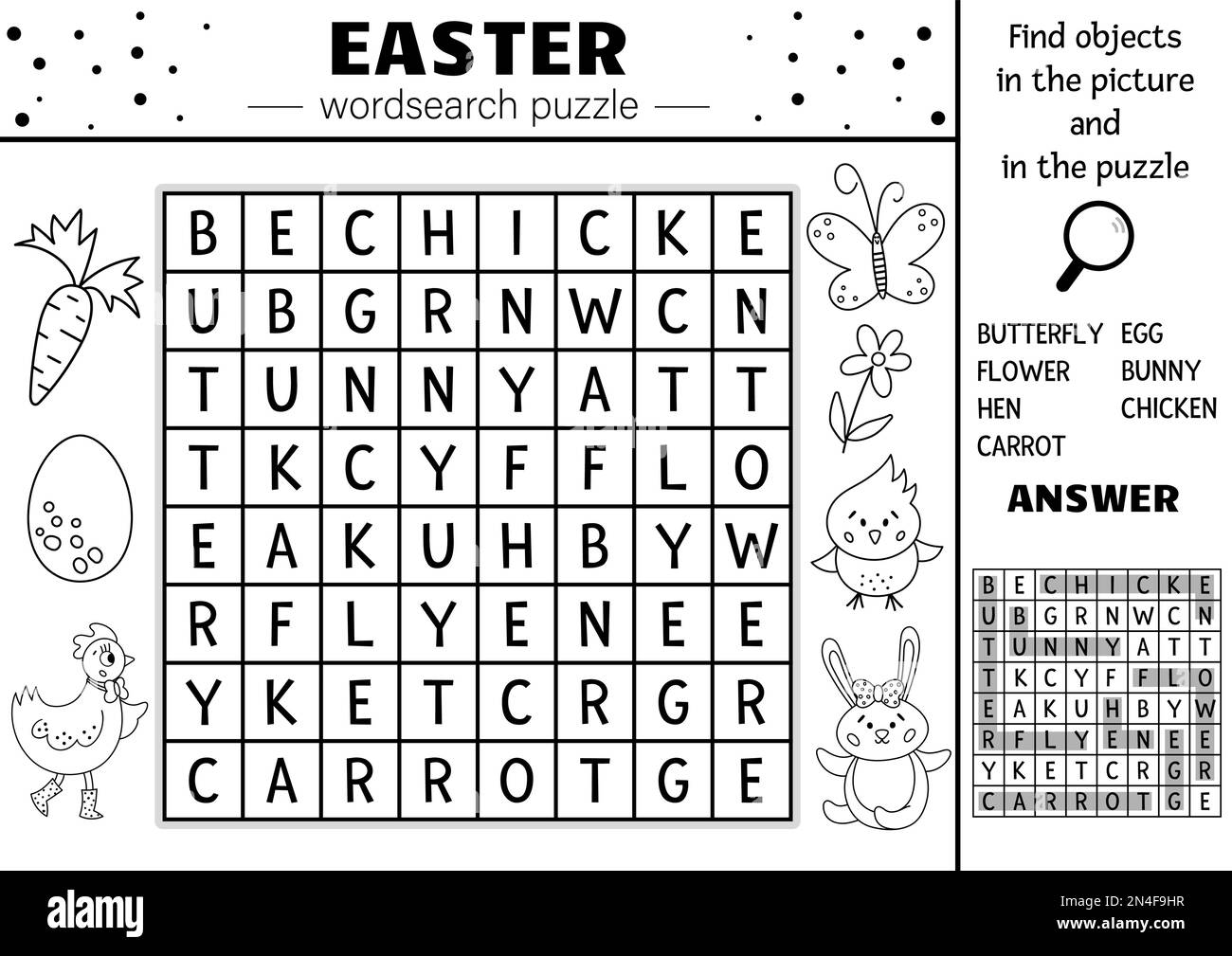 Vector Schwarz-Weiß Ostern Wortsuche Puzzle für Kinder. Einfaches Frühlings-Kreuzworträtsel mit traditionellen Feiertagssymbolen für Kinder. Schlüsselwort Activity with Stock Vektor