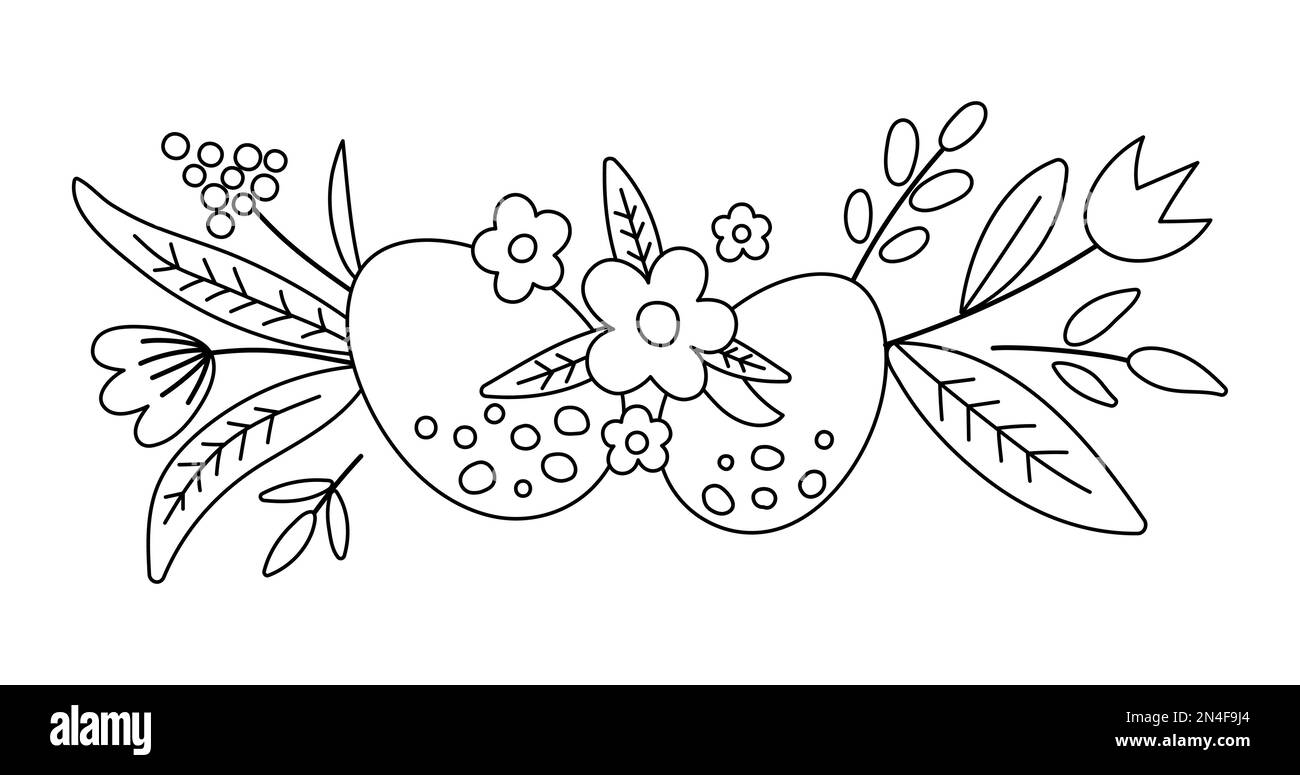 Horizontales Dekorelement Vector schwarz-weiß Ostern. Süße Konturzusammensetzung mit Eiern, Pflanzen und Blättern. Frühlingssymbol. Weihnachtliches Blumendesign Stock Vektor
