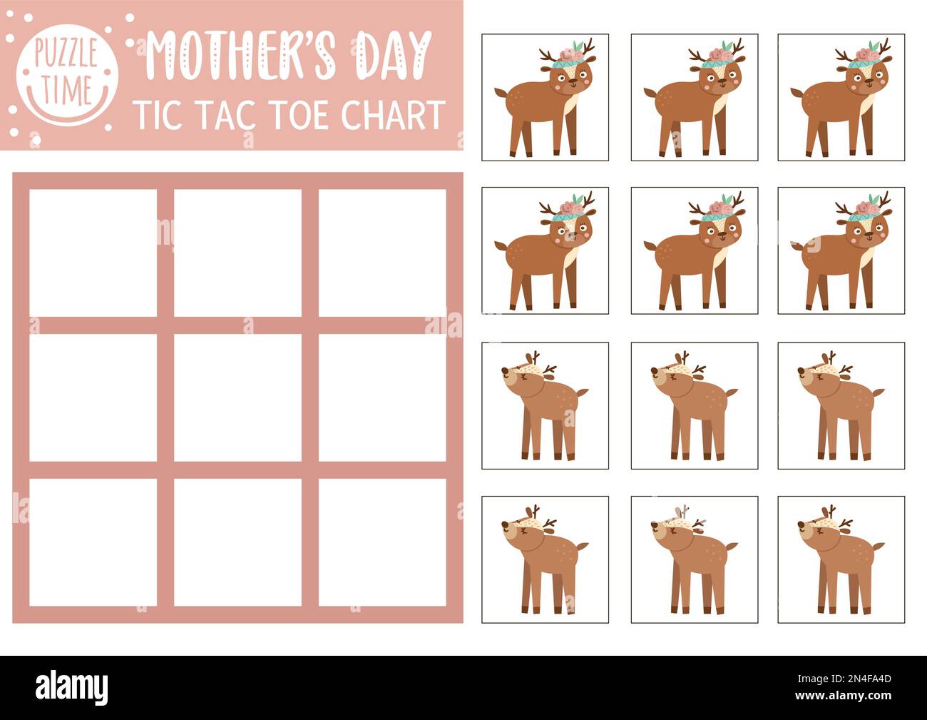 Vektortag Tic tac Toe Chart mit süßem Hirschbaby und seiner Mutter. Festtagsbrettspielfeld mit Waldtieren. Komische druckbare Arbeitsfrau Stock Vektor