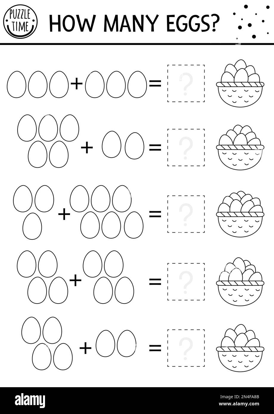 Schwarzweiß-Osterspiel mit farbigen Eiern und Korb. Urlaubsaktivität für Vorschulkinder. Druckbares mathematisches Arbeitsblatt für den Frühling. Addition Stock Vektor