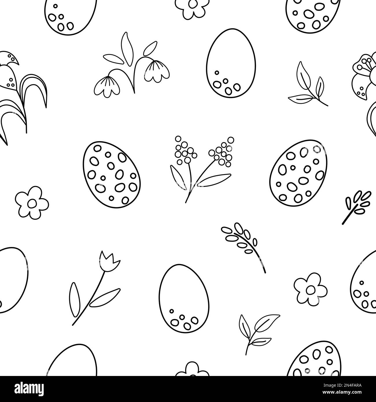 Vector Easter Schwarzweiß nahtloses Muster mit Eiern und ersten Blumen. Der Hintergrund wiederholt sich. Traditionelles digitales Weihnachtspapier mit Stock Vektor