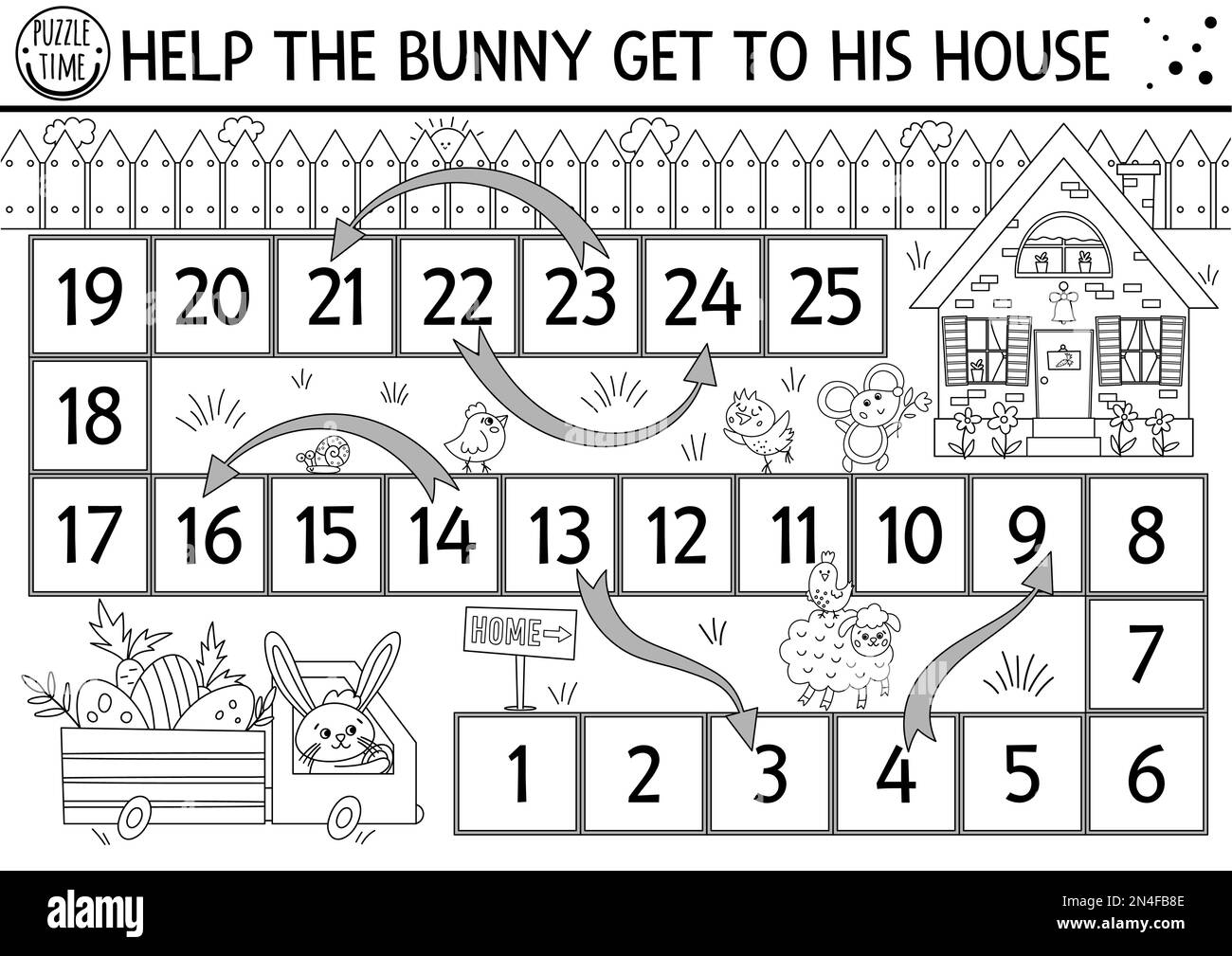 Ostern-Brettspiel mit schwarz-weißen Würfeln für Kinder mit niedlichem Hasen im Truck mit Eiern, die zu seinem Haus fahren. Festtage-Brettspiel. Frühjahrsaktion Stock Vektor