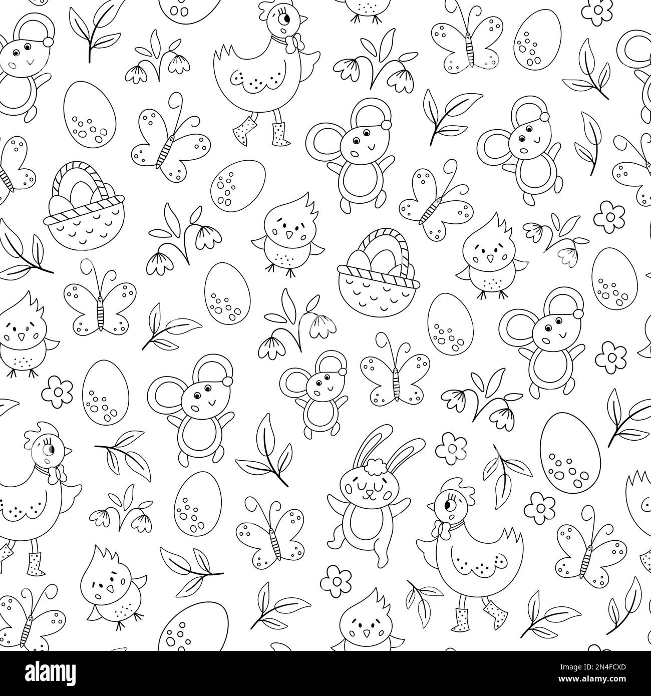 Vector Schwarz-Weiß Ostern-Charaktere nahtloses Muster. Hintergrund mit sich wiederholendem Frühling. Niedliches digitales Papier mit Tierdesign für Kinder. Komische Textur mit Stock Vektor