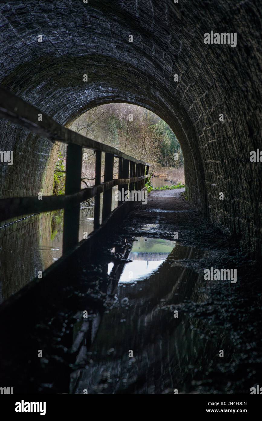 Gregory Tunnel am Cromford Kanal mit Pfützen auf dem Schleppweg. Stockfoto