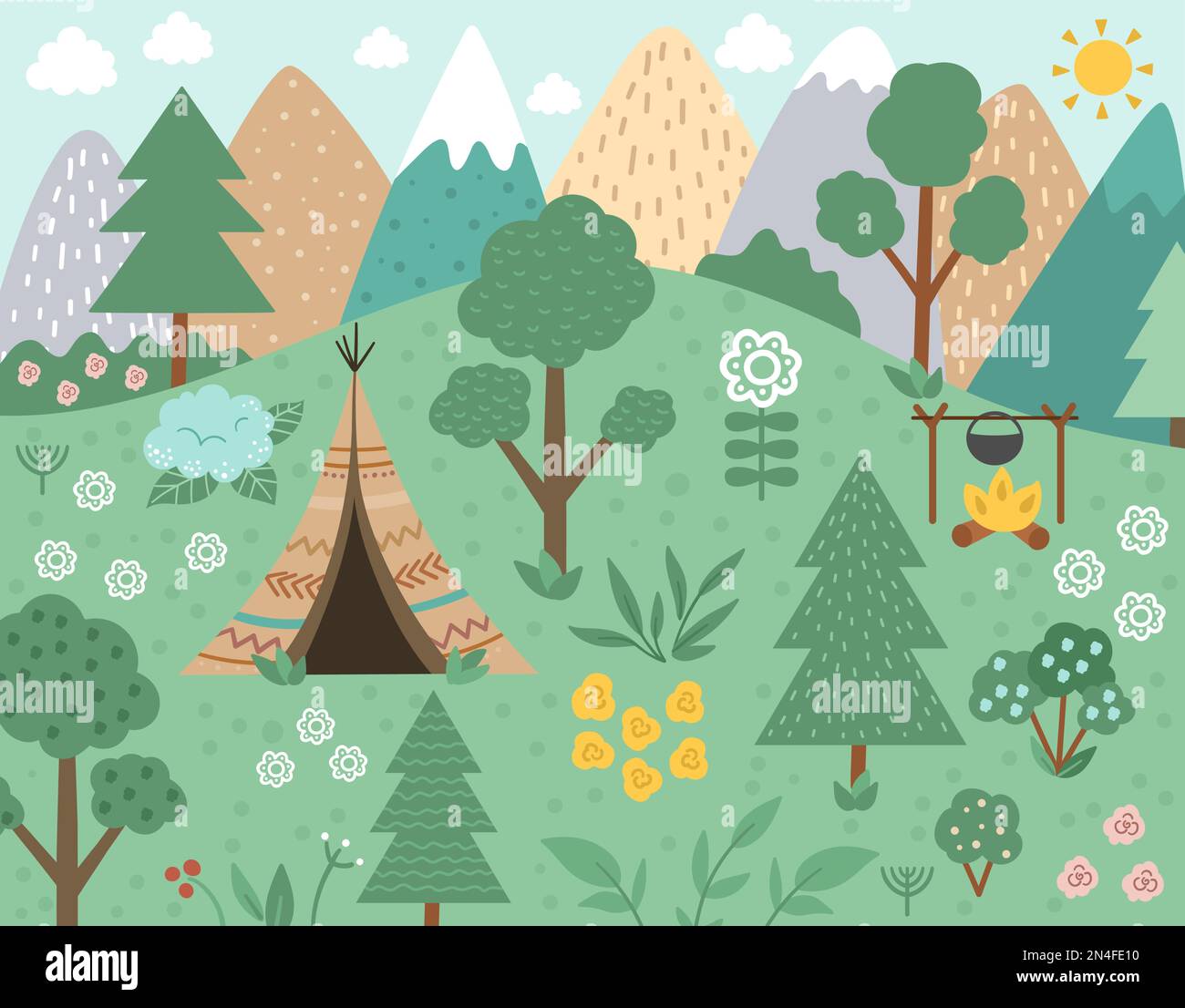 Vektorwaldszene mit Wigwam, Feuer, Bergen. Im Frühling oder Sommer Waldlandschaft mit Bäumen und Pflanzen. Wilde Naturlandschaft oder Backg Stock Vektor