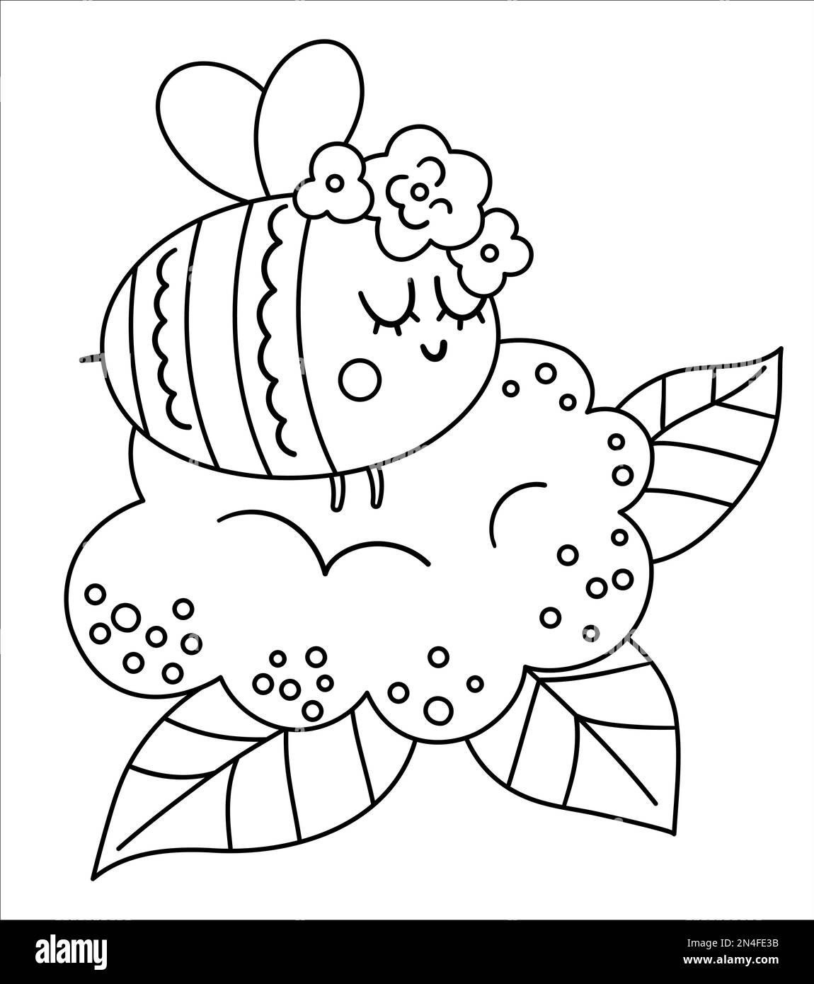 Vektor-Boheme-Hummel mit Blumen auf dem Kopf. Schwarzweißes Waldinsekt isoliert auf weißem Hintergrund. Boho-Waldblütenzusammensetzung mit Anim Stock Vektor