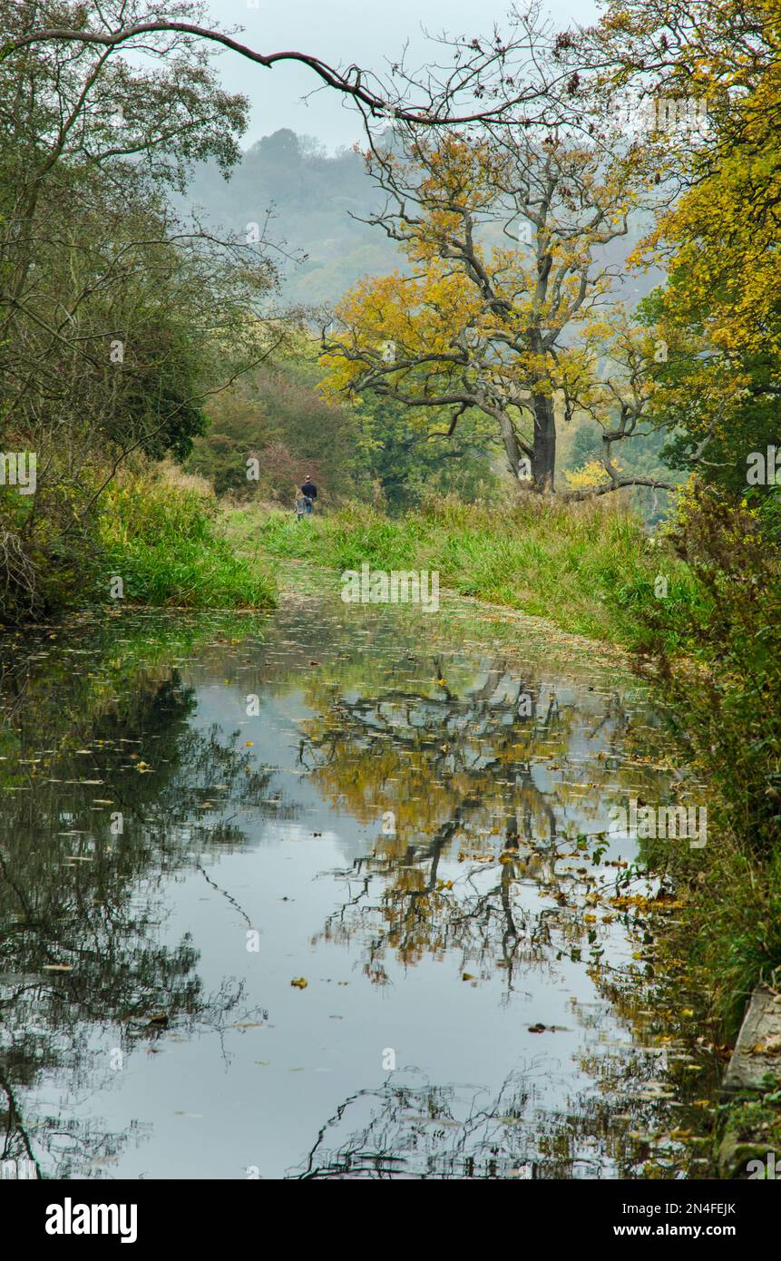 Menschen, die im Herbst am Cromford Kanal in Derbyshire spazieren Stockfoto