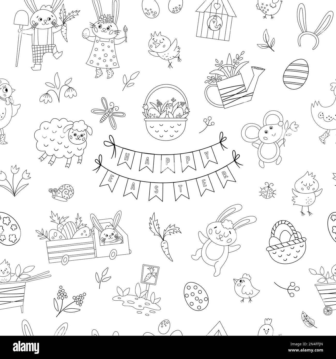 Nahtloses Muster in Schwarz und Weiß mit Ostern-Designelementen. Vektorwiederholungen im Hintergrund mit süßem Häschen, Eiern, Vögeln, Küken. Frühlingsumriss witzig di Stock Vektor