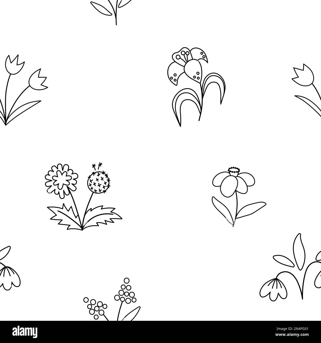 Vector niedliche schwarz-weiße Frühlingsblumen nahtloses Muster. Sich wiederholender Hintergrund mit ersten blühenden Pflanzen. Umriss digitales Papier mit Blumenmuster. Tulpen, da Stock Vektor