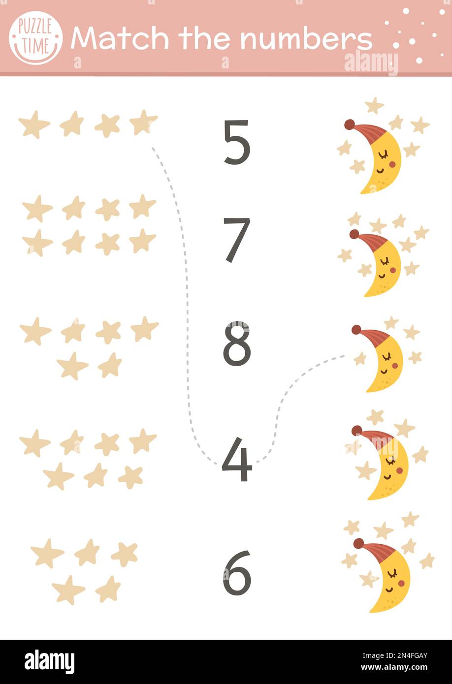 Muttertag-Spiel mit Halbmond-Mond und Sternen. Feiertagsmathematik gute Nachtaktivität für Vorschulkinder. Ausdruckbares Zählwerk für den Bildungsbereich Stock Vektor
