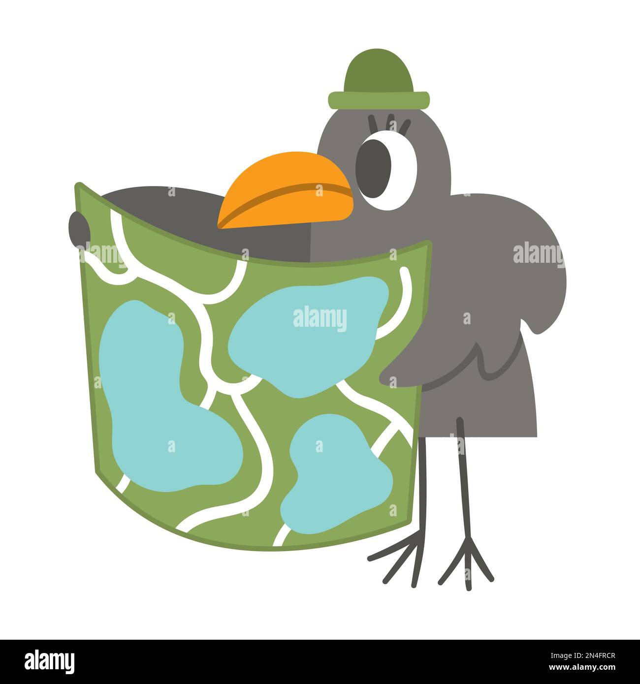 Vektorvogel mit Hut, der auf die Karte schaut. Lustiges Waldtier. Süßes Waldbild für Kinder isoliert auf weißem Hintergrund. Comic-Rabe- oder Krähensymbol Stock Vektor