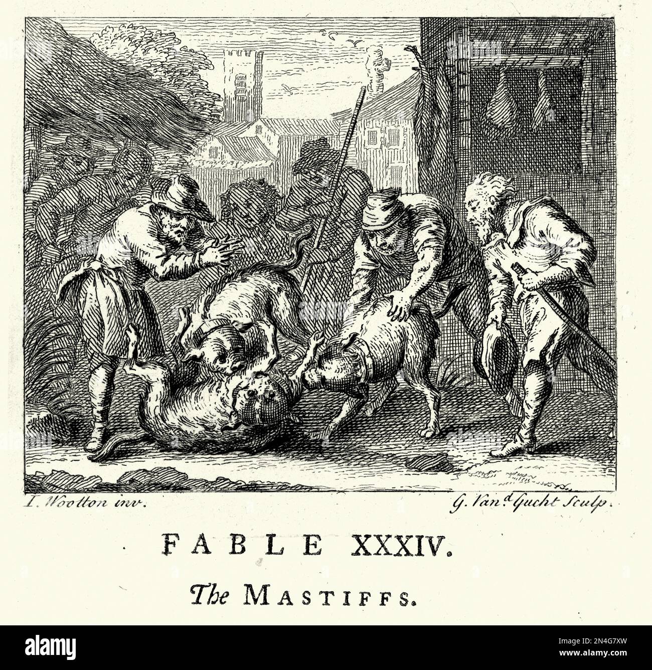 Vintage mit Gravur der Mastiffs, Hunde, die sich auf der Straße vor dem Metzgerladen prügeln, Menschenmassen, aus den Fables of John Gay, 18. Jahrhundert Stockfoto