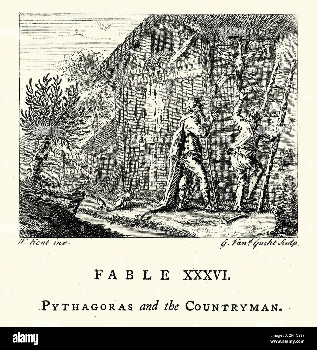 Klassische Gravur von Pythagoras und dem Landsmann aus den Fables von John Gay, 18. Jahrhundert. Pythagoras von Samos war ein alter Ionischer griechischer Philosoph und der gleichnamige Gründer des Pythagoreismus. Stockfoto