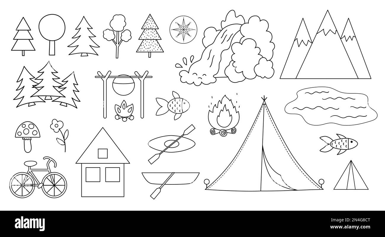 Vector Schwarz-Weiß-Sommercamp-Set. Sammlung von Wäldern, Wäldern, Naturelementen. Aktivtourismus und Sport im Freien mit vielen Bäumen, Stock Vektor