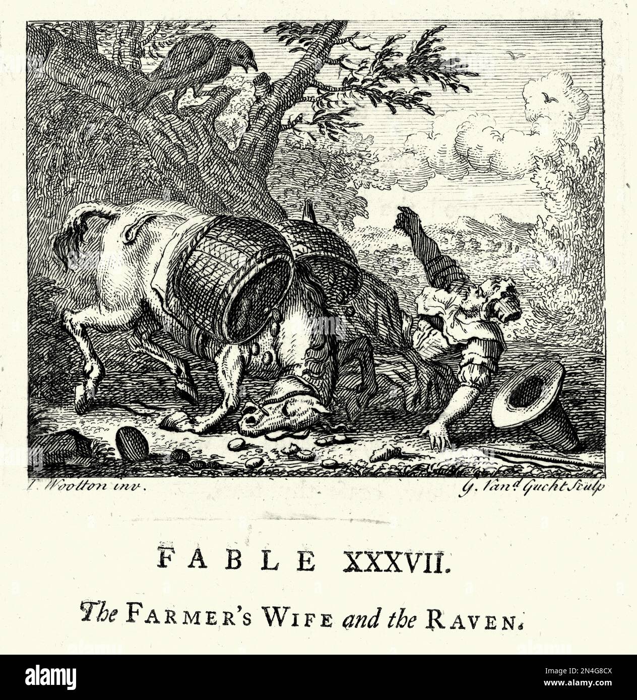 Vintage mit Gravur der Frau des Bauers und des Raben, Vogelscheuchen, Pferd und Frau, aus den Fables von John Gay, 18. Jahrhundert Stockfoto