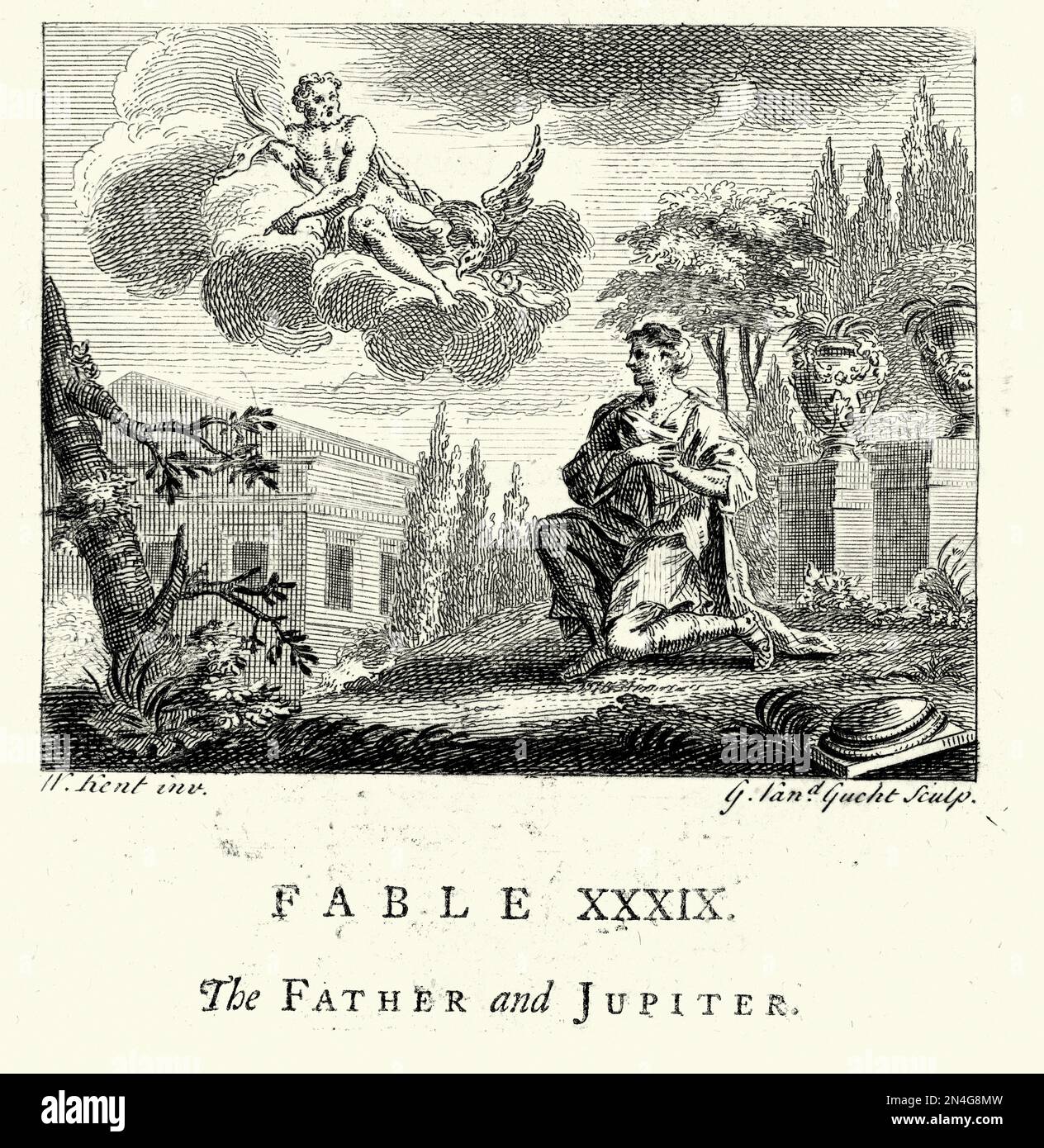 Vintage mit Gravur von Vater und Jupiter, antiker römischer Gott des Himmels und Donners, aus den Fables von John Gay, 18. Jahrhundert Stockfoto