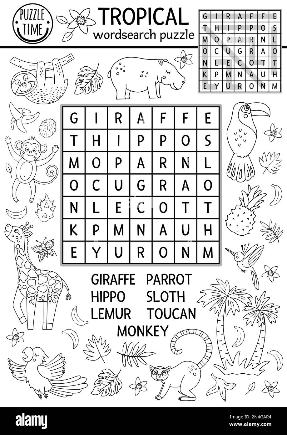 Vector Schwarz-Weiß-Puzzle für die tropische Wortsuche für Kinder. Einfaches Sommer-Kreuzworträtsel mit exotischen Tieren und Vögeln für Kinder. Schlüsselwort Activity with Stock Vektor