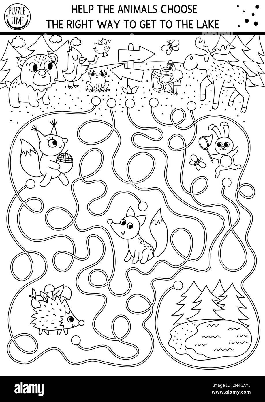 Schwarz-weißes Sommerlager-Labyrinth für Kinder. Die aktiven Feiertage zeigen die druckbaren Aktivitäten für Vorschulkinder. Familienausflug in die Natur – Labyrinth oder Malkunst Stock Vektor