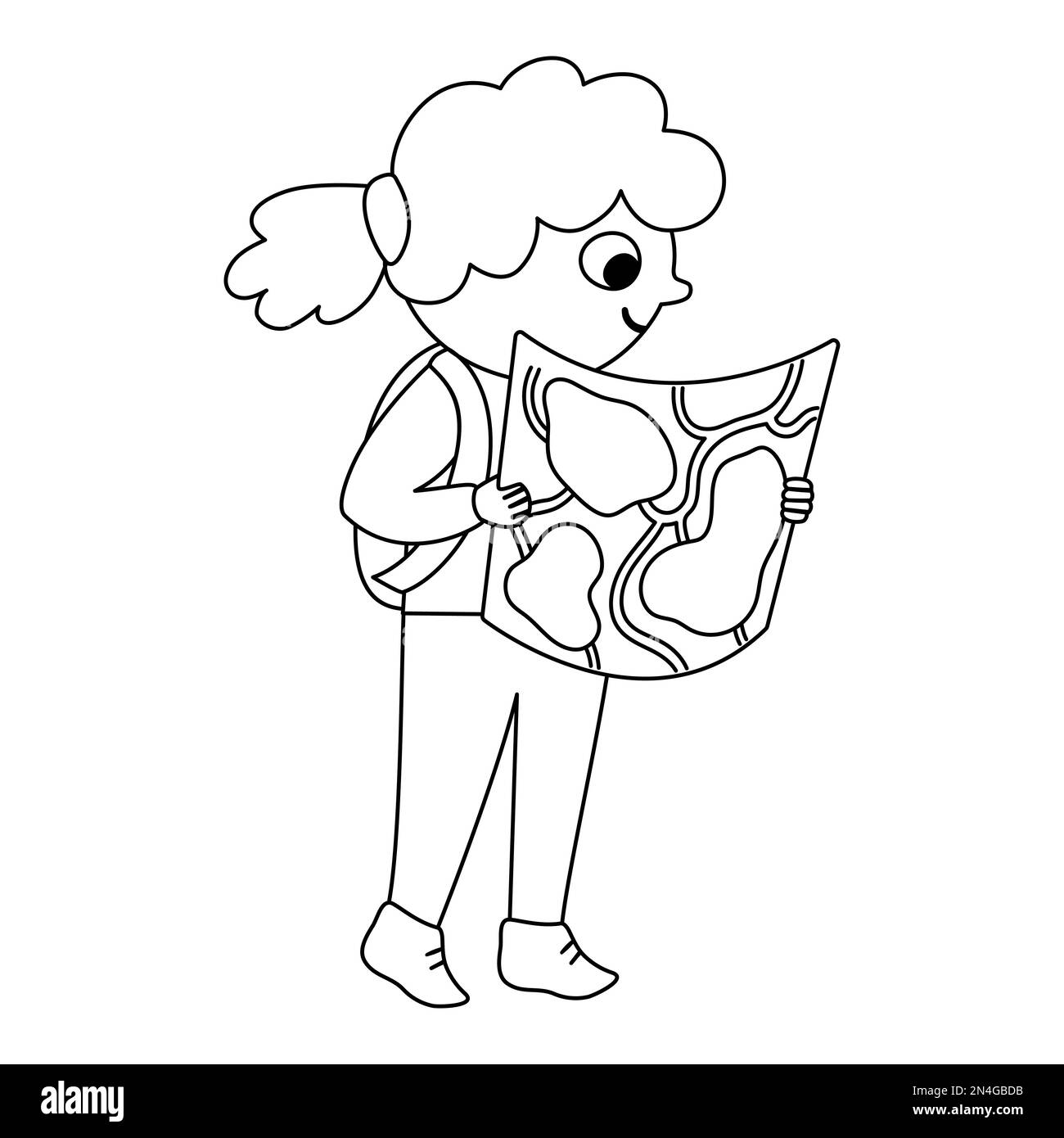 Süßes schwarz-weißes Mädchen mit Rucksack und Karte. Ein Kind macht Sommeraktivitäten. Vector-Sommerlager-Übersichtszeichnung. Campingfigur. Woodla Stock Vektor