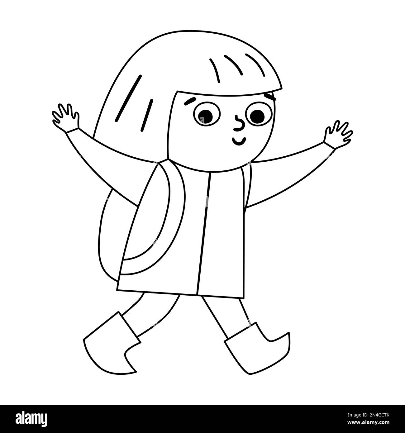 Süßes schwarz-weißes Mädchen mit Rucksack und erhobenen Händen. Fröhliches wandelndes Kind. Vector-Sommerlager-Übersichtszeichnung. Ein Campingfigur, der summ macht Stock Vektor