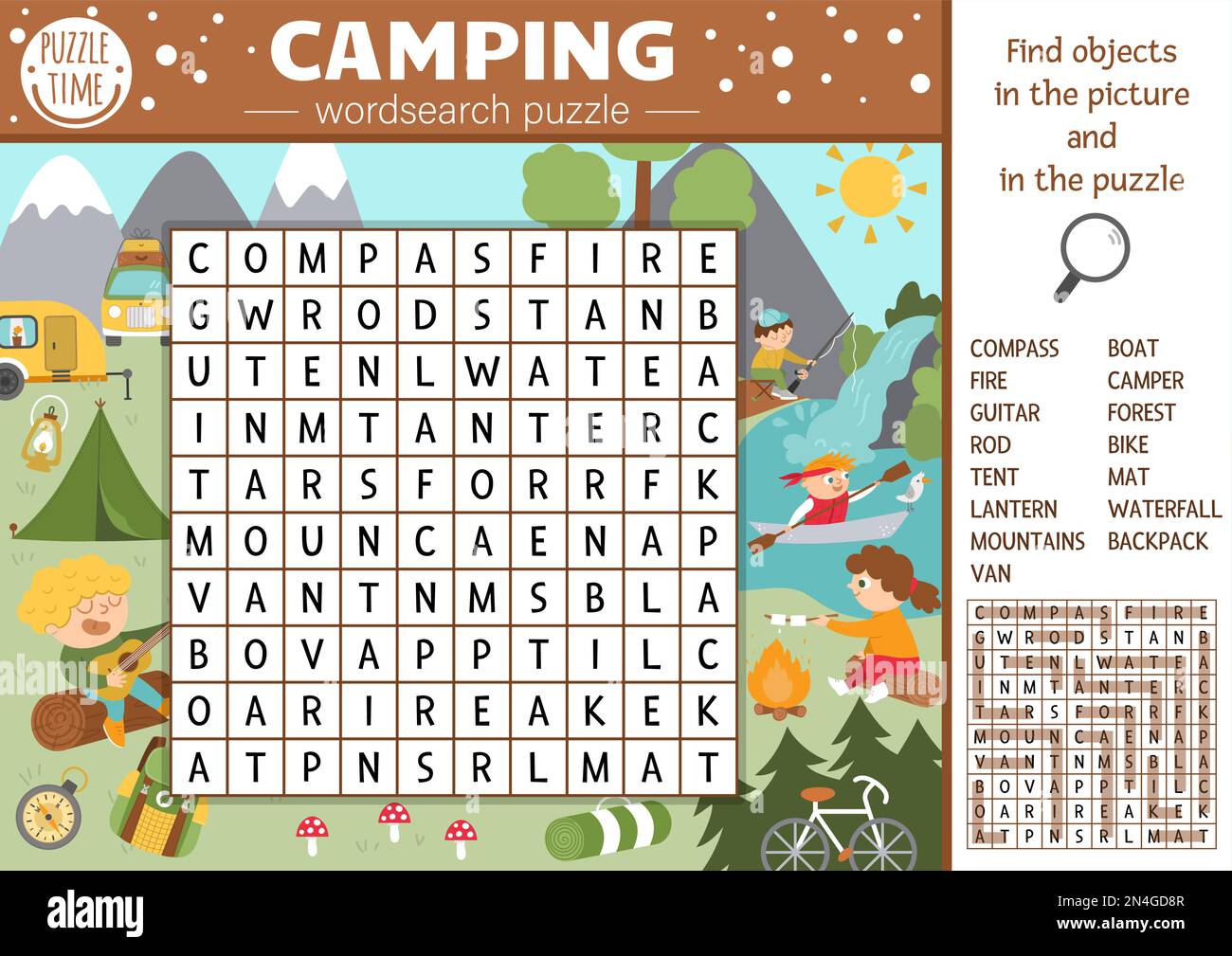 Vektor-Camping-Wortsuchrätsel für Kinder. Einfaches Sommerlager Kreuzworträtsel mit Waldszene für Kinder. Informative Keyword-Aktivität mit Kindern zum Angeln Stock Vektor