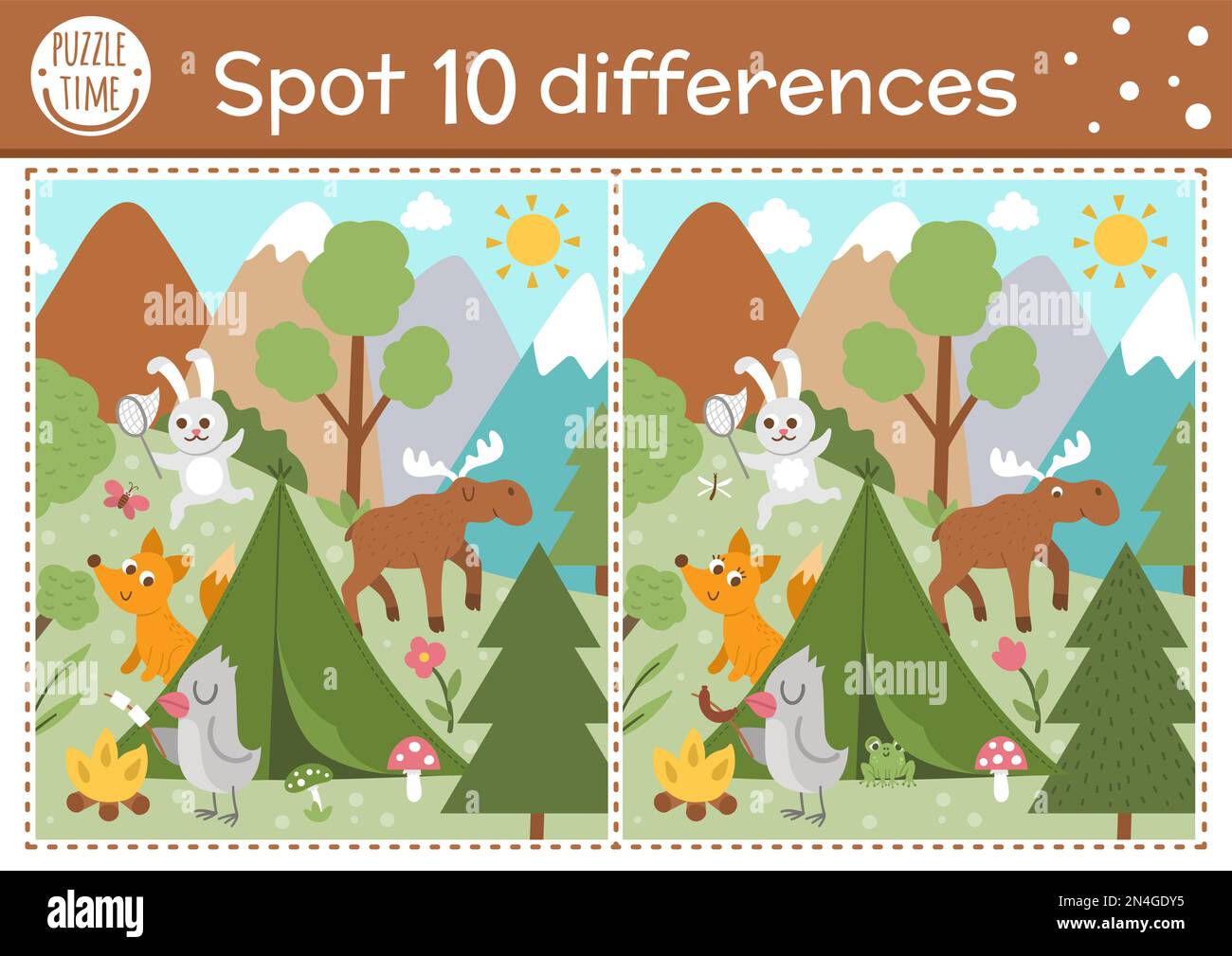 Finde das Unterschiedsspiel für Kinder. Bildungsaktivität im Wald mit lustiger Campingszene. Ausdruckbares Arbeitsblatt mit niedlichen Tieren in freier Wildbahn. Sommer Stock Vektor