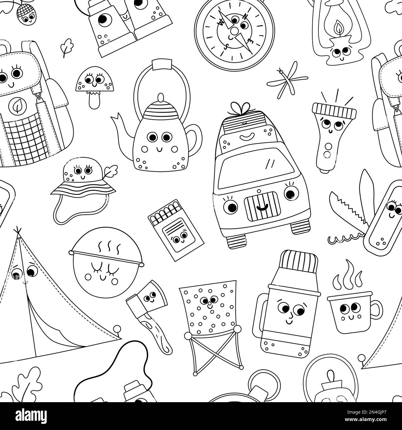 Vector schwarz-weißes Sommerlager-Nahtloses Muster mit süßen Kawaii-Aufklebern. Camping, Wandern, Angelausrüstungen wiederholen den Hintergrund. Natur im Freien Stock Vektor