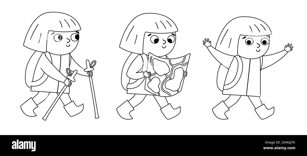 Ein schwarzes und weißes Mädchen, das Sommeraktivitäten macht. Süßes Outline-Kind mit Nordic-Stöcken, Rucksack und Karte. Vector-Sommercamp-Set. Campingfigur Stock Vektor