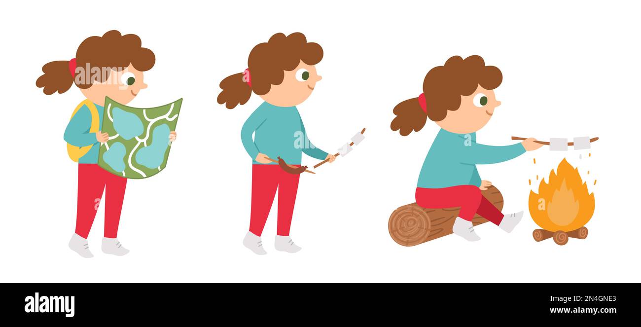 Mädchen, die Sommeraktivitäten macht. Süßes Kind, das mit Karte spaziert und mit Marshmallow und Wurst vor dem Kamin sitzt. Vector-Sommercamp-Set. Camping Stock Vektor